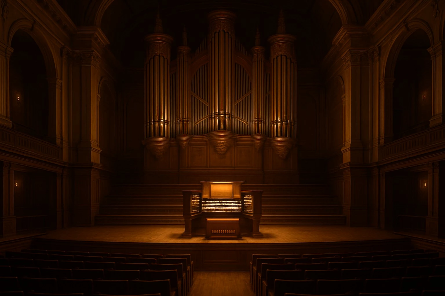 Grand pipe organ in concert hall
